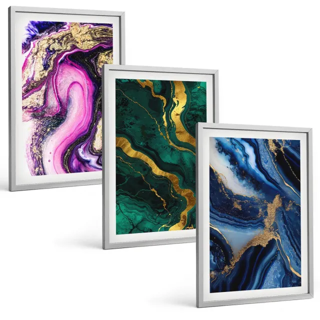 Coloray 3-Delige Schilderij Set - Abstracte Patronen In Tinten Roze, Groen En Blauw. - 40 x 60 cm - Wanddecoratie - Muurdecoratie - Moderne Interieurdecoratie - Interieur Decoratie Zilveren lijst