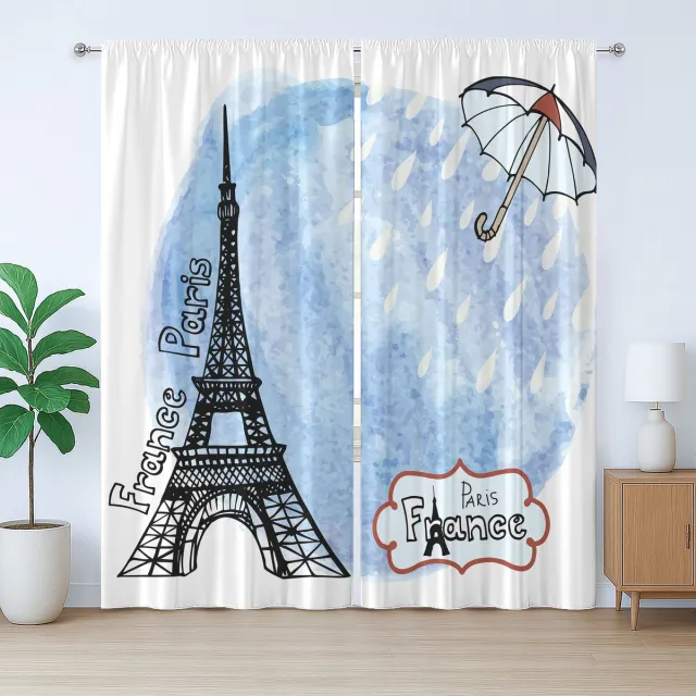 ABAKUHAUS Rustiek gordijn met Eiffeltoren, aquarel Parijs, met lussen en haken voor de woonkamer, 280 x 225 cm, blauw