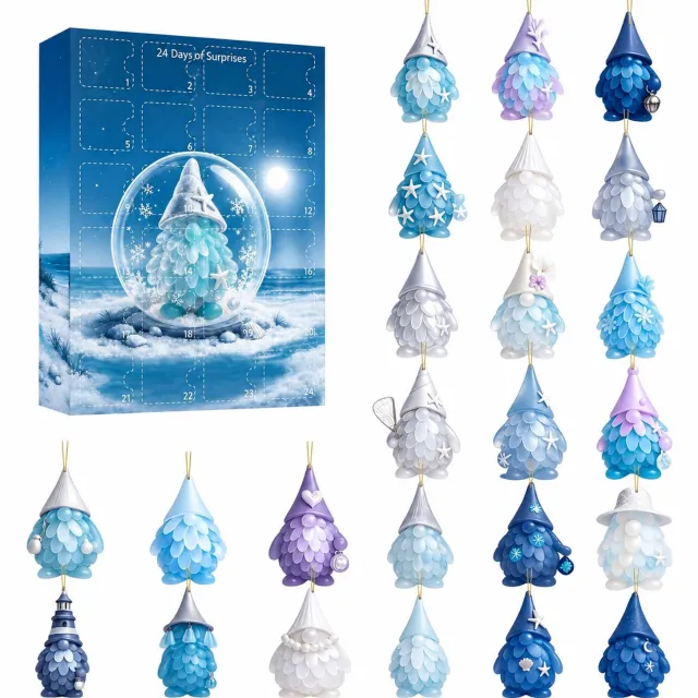 SWGOTA Adventskalender 2026 met 24 kabouterhangers - Met vuurtorenkabouter - Verpakking 26 x 18 x 3 cm Blauw