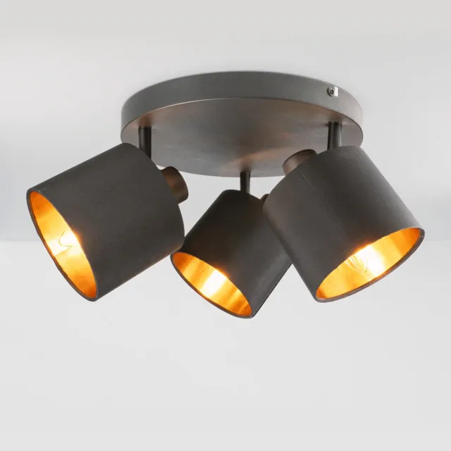 HOFTRONIC Jimmy LED Plafondspot - Stoffen kap (textiel) – 3 spots - Kantelbaar - Draaibaar - Mat Zwart en Goud - E14 fitting - IP20 - Plafondlamp
