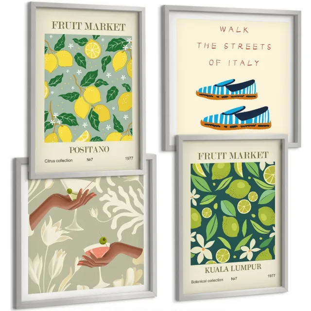 TULUP 4-Delige Schilderij Set - Fruitpatronen Italiaanse cultuurposters - 40 x 40 cm en 40 x 60 cm - Decoratieve Muurdecoratie - Slaapkamer - Decoratieve Schilderijen Zilveren lijst