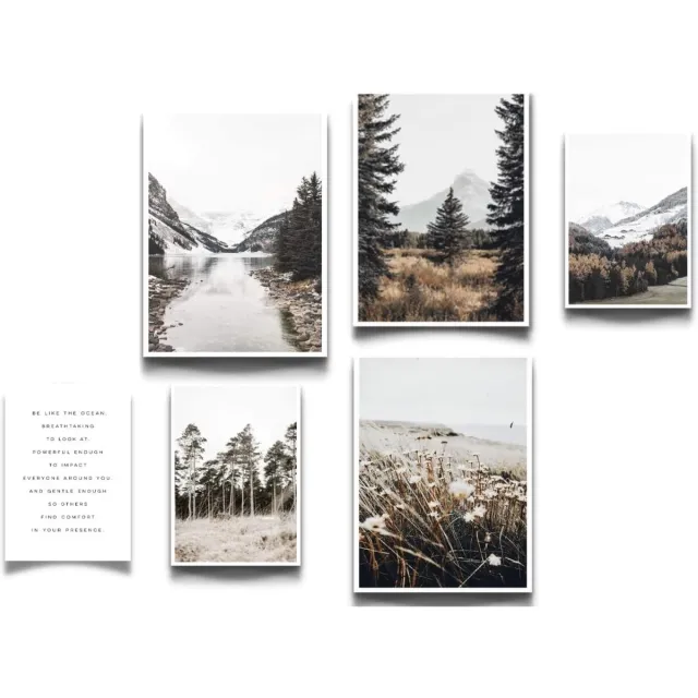 ELAFI Premium Poster Set van 6 | Stijlvolle decoratie met bijpassende afbeeldingen Set als woonkamerdecoratie | 3x DIN A3 & 3x DIN A4 zonder fotolijst | Kunstdruk bladeren (Alpine View) groen