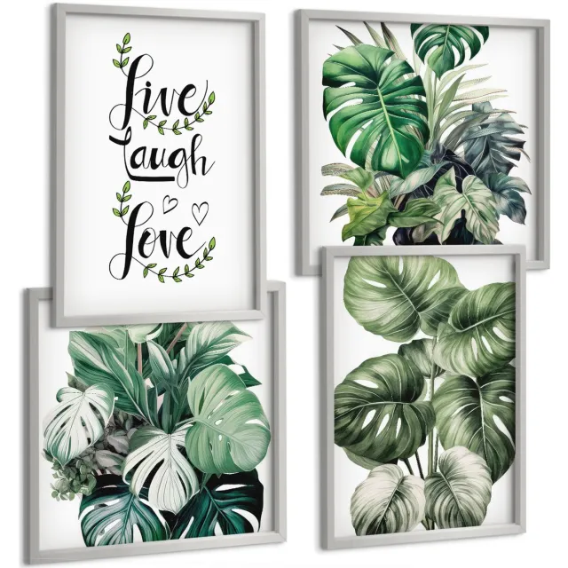 TULUP 4-Delige Schilderij Set - Bladrijke planten met de woorden Leef, Lach, Houd van - 40 x 40 cm en 40 x 60 cm - Decoratieve Schilderijen - Wanddecoratie - Hal - Stijlvolle Muurdecoratie Zilveren lijst