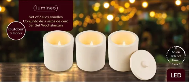 Lumineo LED kaarsen - set 3x st - beton wit - met deksel - D8 x H10 cm - voor buiten
