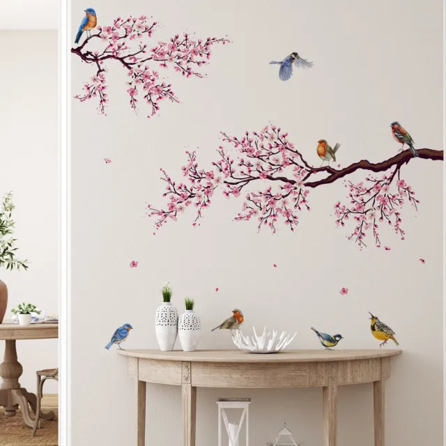 Stickerkamer Muursticker - Bloesem tak met vogels - Muurdecoratie - Wanddecoratie - Woonkamer - Slaapkamer - Boom - Natuur - Roze Bloesem tak vogels