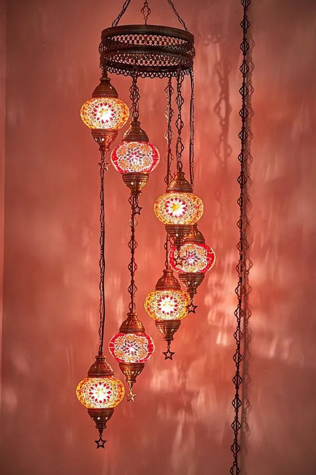Halay Turkse hanglamp - mozaïek glas oranje-rood - 7 bollen - 145 cm hoog 45 cm breed Oranje, rood