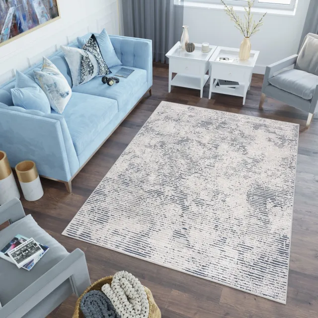 Tapiso Lotus Vloerkleed Blauw Lijnen Woonkamer Laagpolig Tapijt Maat- 140x200 Blauw 2