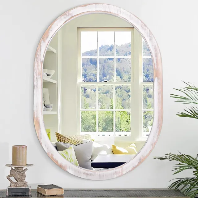 Provento Ovale wandspiegel met houten frame voor badkamer en woonkamer - Wit, horizontaal/verticaal.