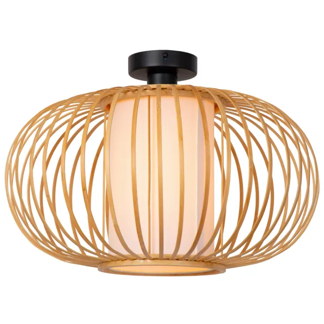 Lucide THULINE - Plafonnière - Ø 45 cm - 1xE27 - Lichte houtlook | Essential Lichtbruin