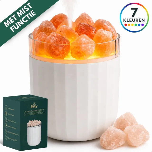 Boncy Himalaya Zoutlamp - Zoutsteen Nachtlampje met 7 Licht-opties - Zoutlampje Himalayazout Inclusief Mistfunctie - Zoutlampen - USB Oplaadbaar - Aroma Diffuser - Luchtbevochtiger Aromadiffusers - Aromatherapie Wit