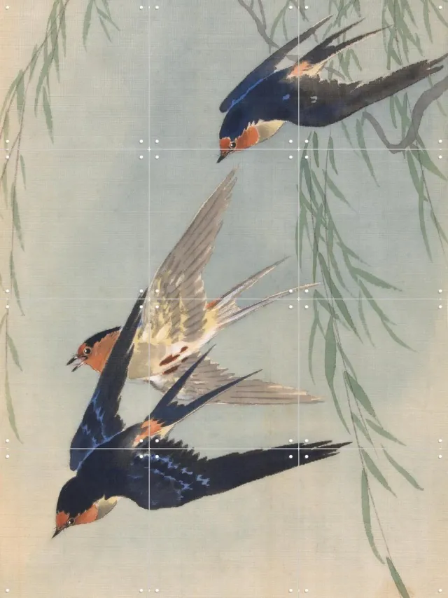 IXXI Three Birds in Full Flight, Ohara Koson & Rijksmuseum - 60 x 80 cm - Grote wanddecoratie en posters - Klassiek, Houtsnede, Ukiyo-e, Woonkamer Pastel kleuren / Blauw