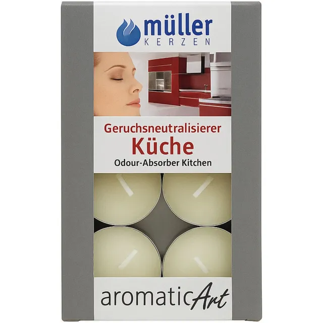 Müller Kerzen AromaticArt Geurneutraliserende Waxinelichtjes Keuken – Set van 6 (Ø 3,8 × 1,7 cm) – Neutraliseert Onaangename Kookgeuren wit