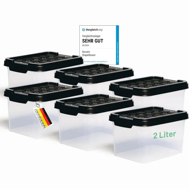 Novaliv 6x Opbergdozen met deksel Klein 2 L Antraciet Nestbaar Stapelbaar Kunststof dozen met clipsluiting Kunststof BPA-vrij 19 x 14 x 11 cm