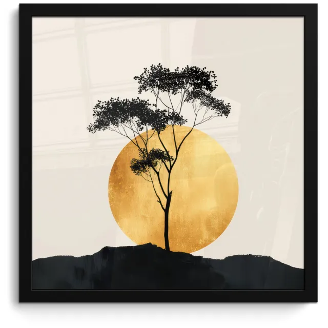 FrameYourWall Poster in lijst - Fotolijst 40x40 cm - Posters - Zwarte boom - Gouden cirkel - Heuvel - Posterlijst zwart - Decoratie - Wanddecoratie woonkamer - Muurdecoratie slaapkamer Boom - Cirkel - Heuvel