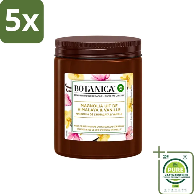 Air Wick 5 x Botanica by Air Wick - Geurkaars - Vanille & Magnolia - 40 Uur Brandduur - Grootverpakking - Vaatwasstrips - Geurkaars - Vanille En Magnolia - Natuurlijke Geur - Luxe Geur - Ontspanning Bruin