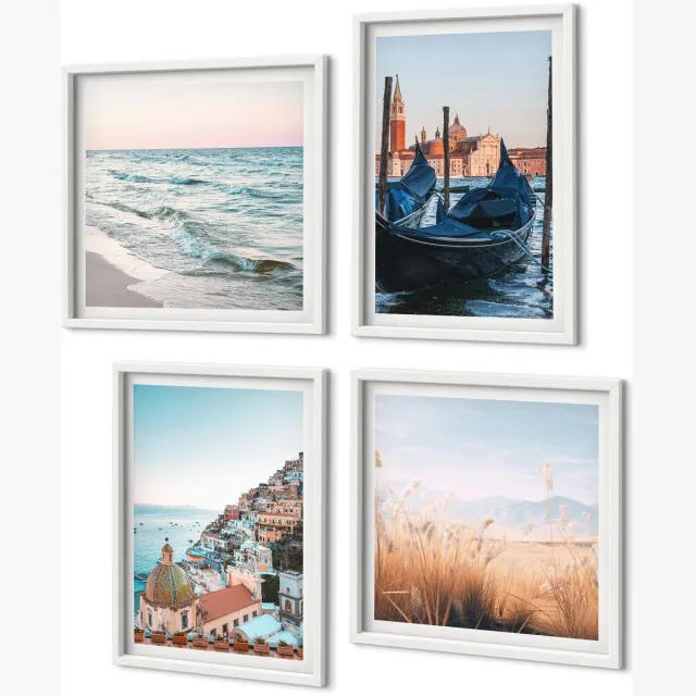 Coloray 4-Delige Schilderij Set - Uitzicht Op Zee, Italiaanse Architectuur, Venetië - 40 x 40 En 40 x 60 - Muurdecoratie - Wanddecoratie - Slaapkamer - Woonkamer Decoratie Witte lijst