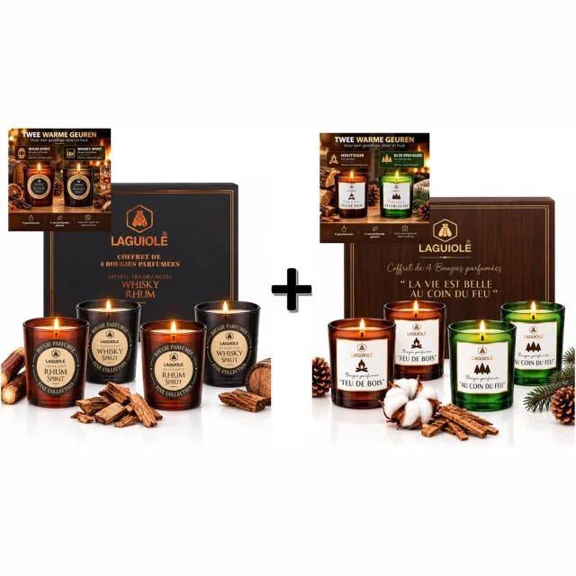 Laguiole Prof-Fire | Laguiole Geurkaarsen Dubbele Luxe Geschenkdoos - 1 Geschenkdoos (Whisky + Rum ) + 1 Geschenkdoos (Fue de Bois - Houtvuur) Mix