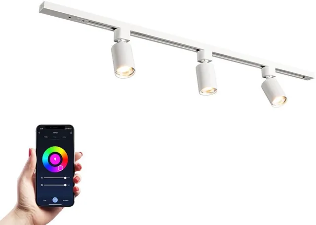HOFTRONIC railverlichting pakket recht – 1 meter rail – 3 dimbare RGBWW GU10 railspots – aluminium wit – IP20 – modulair – 230V – smart verlichting woonkamer keuken