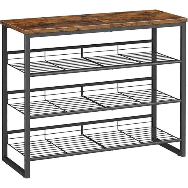 Famanu Schoenenrek, schoenenopberger met 4 niveaus, schoenopbergplanken voor 12-16 paar, verstelbare metalen plank, 75 x 29 x 59 cm, industrieel schoenenrek voor in de hal, bruin en zwart bruin, zwart