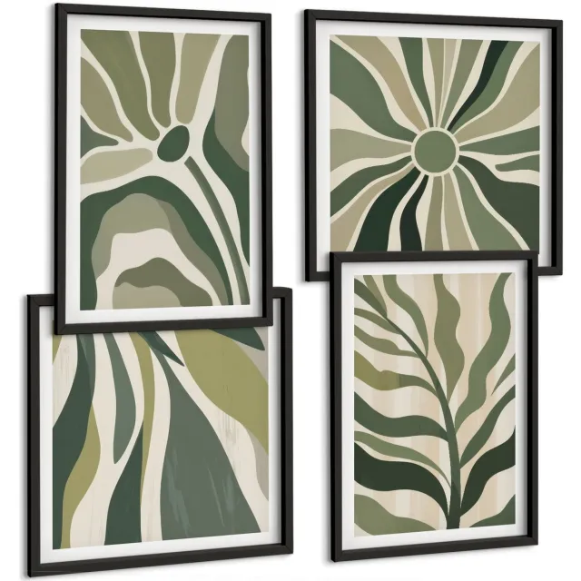 Coloray 4-Delige Schilderij Set - Geschilderde Illustraties Van Bladeren In Verschillende Tinten Groen. - 40 x 40 cm En 40 x 60 cm - Decoratieve Schilderijen - Wanddecoratie - Hal - Interieur Decoratie Zwarte lijst