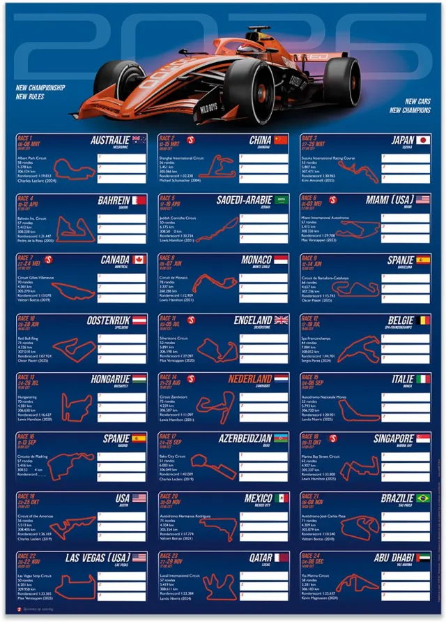 Castelli 1938 B.V. F1 Kalender 2026 Poster – Formule 1 Racekalender – Seizoensoverzicht – 50 × 70 cm blauw