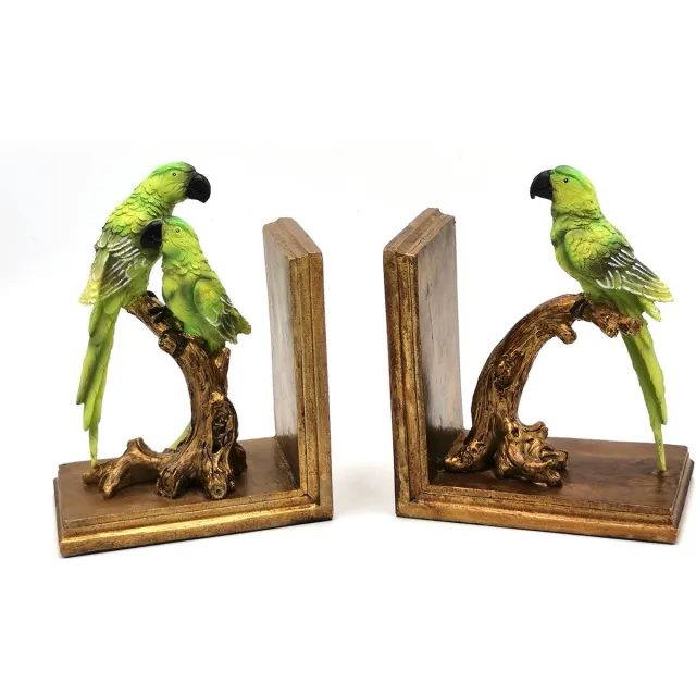 Dutch Style Boutique Trukado - Papegaaien Boekensteunen Set van 2 - Zeer gedetailleerd en kleurrijk! - (hxbxd) 18cm x 14cm x 9cm groen-bruin-brons
