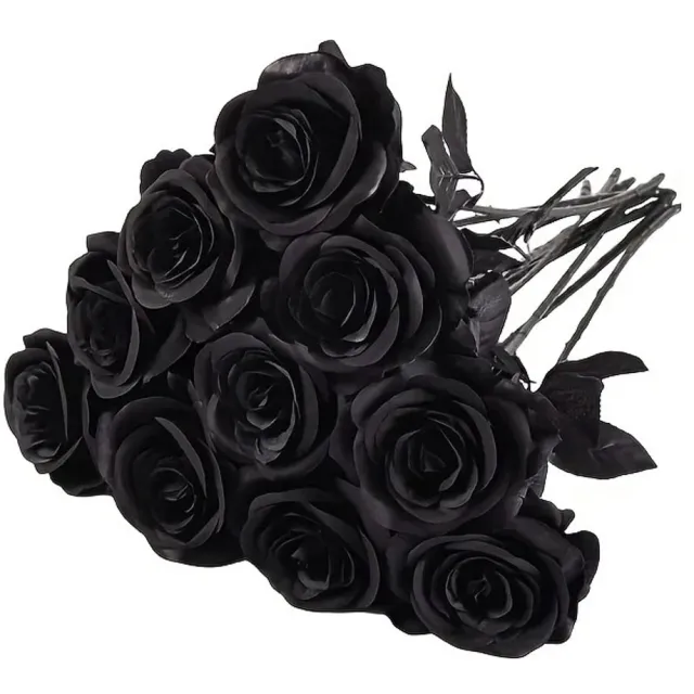 ArtiZo nep bloemen - 10 rozen kunststof - halloween - lange steel - tafel decoratie - 36 x 7 cm - onderhoudsvrij zwart