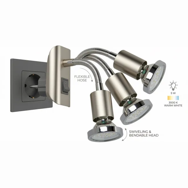 Trango Stekkerlamp in RVS look met chromen ring 11-052 *FLEXI* stekkerlampje, nachtlampje incl. 1x GU10 3000K warm witte LED lamp & AAN/UIT schakelaar leeslamp, wandlamp, keukenlamp Mat nikkel
