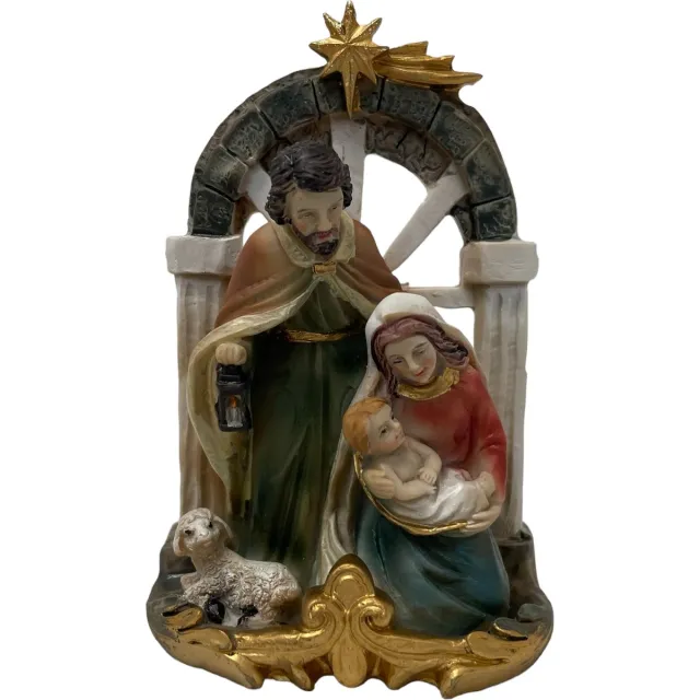 Dekoproject Kerststal Josef, Maria en kindeken Jezus met schaapje Rood, bauw, goud, wit, bruin
