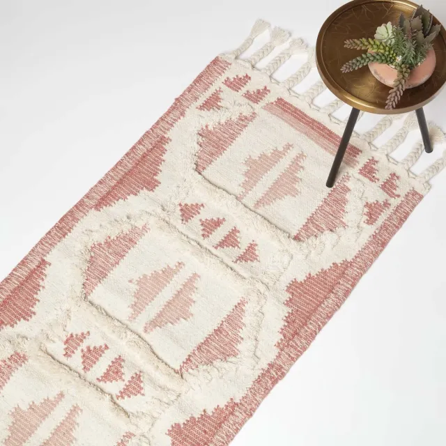 Homescapes Handgeweven Kelim Runner Satara - 66 x 200 cm, roze patroon Roze-Wit