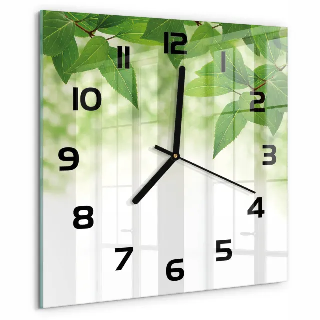TULUP Wandklok - Groene bladeren Glazen Wandklok Design - 30x30 cm - Groente Klok Glas Met Opdruk - Zwarte handen - Vierkante Klok - Wandklok Glas Met Motief - Decoratieve Glazen Klok