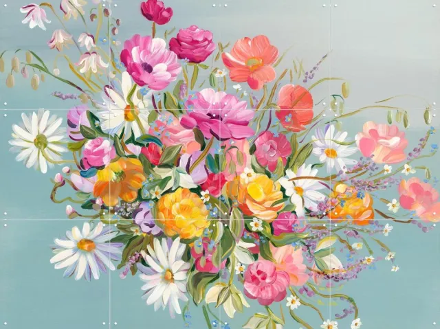 IXXI Blooms On Blue, Libby Chambers - 80 x 60 cm - Grote wanddecoratie en posters - Abstract, Modern, Speels, Kleurrijk, Fantasierijk, Woonkamer Roze / Oranje / Geel