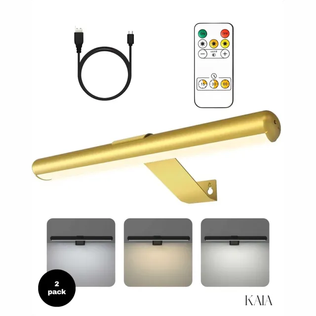 KAIA Set van 2 Oplaadbare Schilderijverlichting - Draadloze Wandlamp - Draadloze Schilderijverlichting Oplaadbaar - Touch en remote - Dimbaar LED 3000K/4000K/6500K - Oplaadbare Schilderijlamp Snoerloos - Sterke Accu Schilderijlamp - Goud