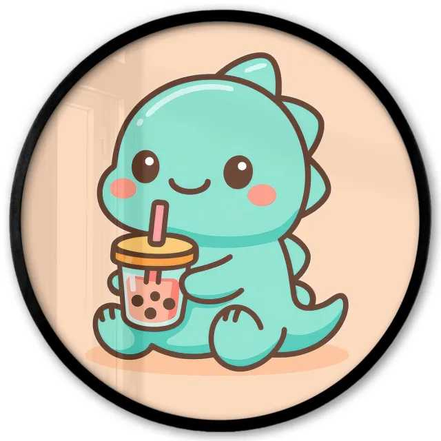 FrameYourWall Poster in lijst Rond - Fotolijst 40x40 cm - Posters - Dino - Boba - kawaii - Oranje - Ronde posterlijst zwart - Decoratie - Wanddecoratie woonkamer - Muurdecoratie slaapkamer