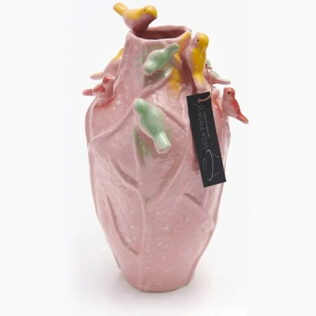 Irishflowers Vaas - Villa Pottery - Porselein - Waterdicht - Vogelvaas - Decoratie - Woondecoratie - Lieve 3 Pink 9 Birds Roze