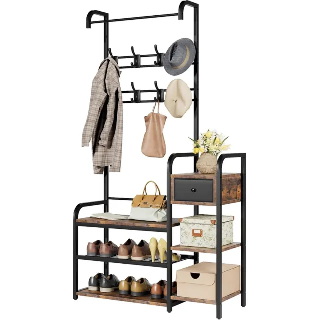 Triumpunpre Industriële kapstok met bankje en schoenenrek, halkapstok met kledingstang en 8 haken, anti-kantelontwerp, voor hal en woonkamer, 40 x 101.5 x 183 cm Vintage kleuren