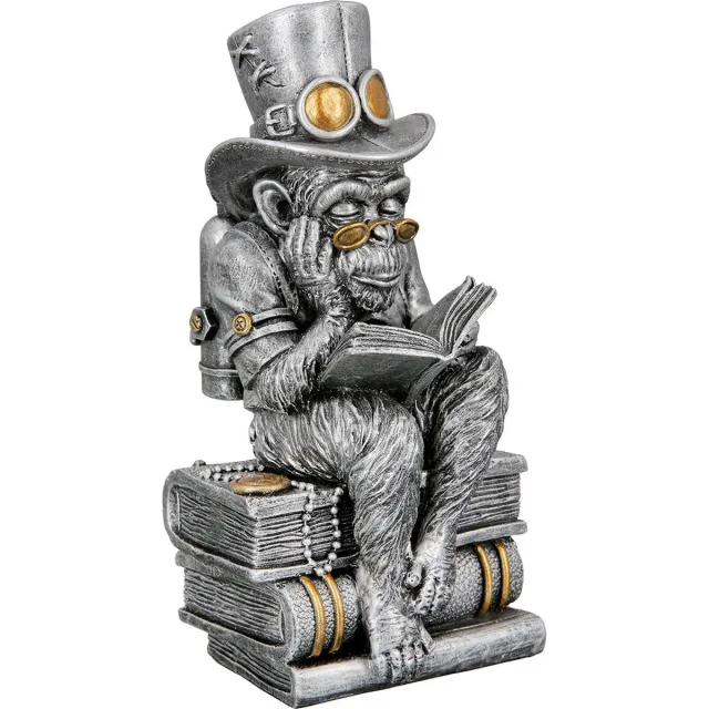 Gilde Aap - Beeld - 13x11x23cm. - Steam punk - "Steampunk reading ape"- industrieel - Polyresin - Grijs - Sciencefiction.