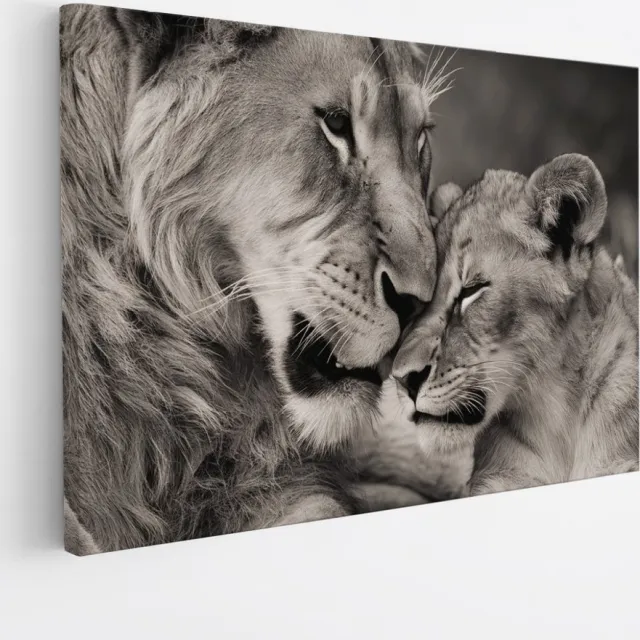 Saammp Canvas Schilderij - Leeuw met welp - Liefde - Landschap - Dieren - Natuur - 70x50 - Foto op canvas - Wanddecoratie - Muurdecoratie Woonkamer - Slaapkamer decoratie - Canvas Print Multicolor