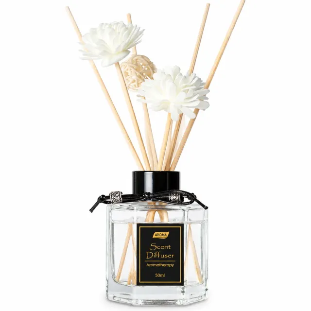 SWGOTA Geurstokjes 50 ml zonder vlam, decoratieve flacon met witte bloemen en zwarte strik voor slaapkamer en badkamer Transparant
