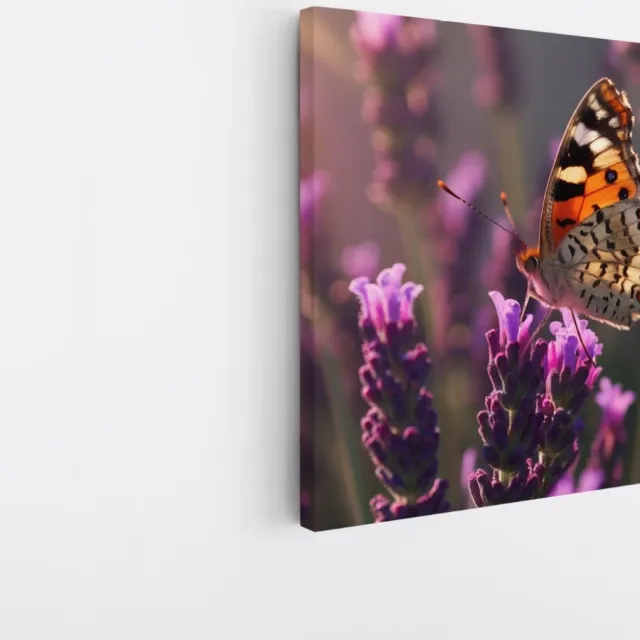 Saammp Canvas Schilderij -Vlinder op lavendel bloem - Dieren - 100x100 - Foto op canvas - Wanddecoratie - muurdecoratie Woonkamer - Slaapkamer decoratie - Canvas Print Multicolor