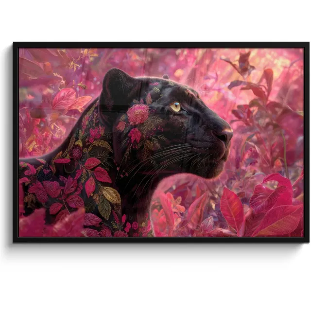 FrameYourWall Poster in lijst - Fotolijst 120x80 cm - Posters - Luipaard - Bloemen - Roze - Posterlijst zwart - Decoratie - Wanddecoratie woonkamer - Muurdecoratie slaapkamer