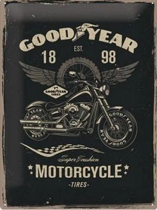 Nostalgic Art Merchandising GoodYear Motorcycle Tires Metalen wandbord in reliëf 30 x 40 cm . Zie Afbeelding