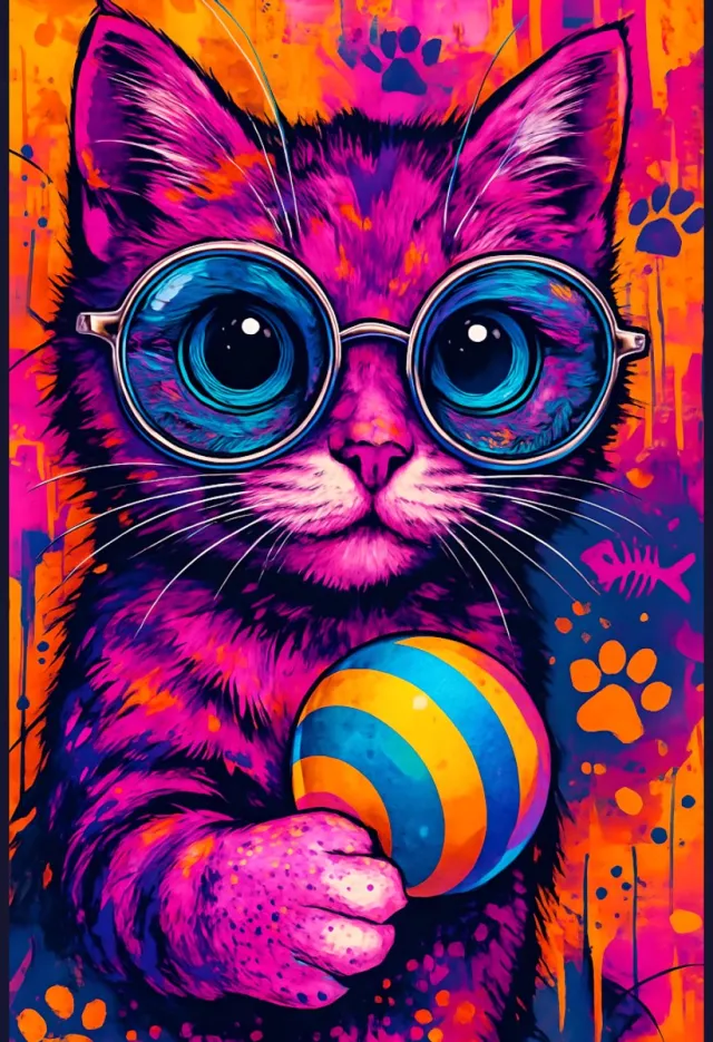 4one6 industries Coole kat met bril kunstprint - kleurrijke graffiti-stijl kitten - glanzende A4-poster voor eclectische interieurdecoratie