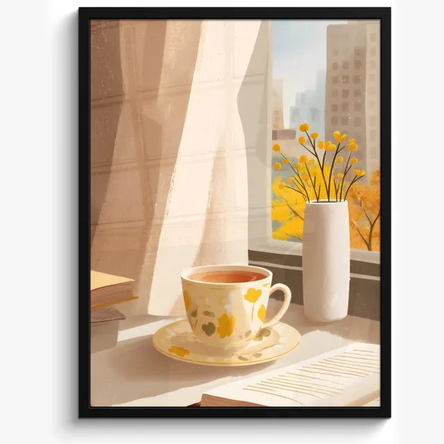 FrameYourWall Poster in lijst - Fotolijst 50x70 cm - Posters - Thee - Boek - Thee - Herfst - Posterlijst zwart - Decoratie - Wanddecoratie woonkamer - Muurdecoratie slaapkamer