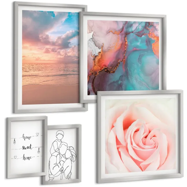 TULUP 4-Delige Schilderij Set - Zeegezichten, romantische motieven en delicate lijnen - 50 x 50 cm, 20 x 30 cm en 40 x 60 cm - Stijlvolle Muurdecoratie - Slaapkamer - Wanddecoratie Zilveren lijst