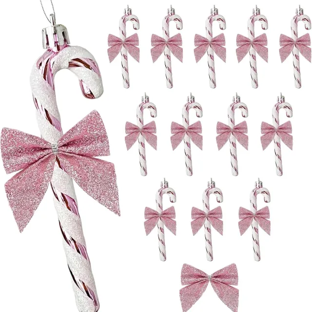 KZQ 12 stuks Kerstmis Glitter Candy Cane met Strik - Roze Plastic Candy Cane Decoratie - Kerstboom Hangornament voor Feestelijke Kerstdecoratie (Roze Strik)