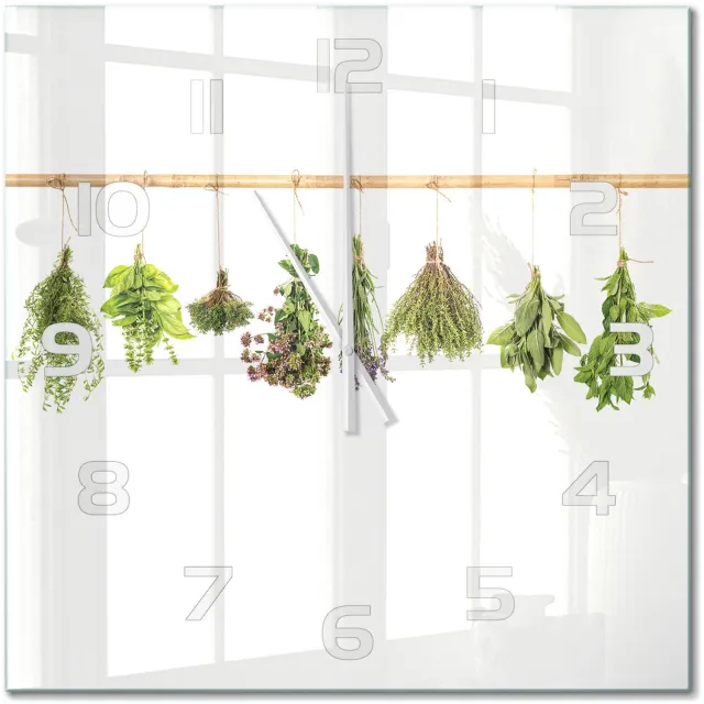 TULUP Wandklok - Kruiden aan een touwtje Glazen Klok Met Print - 60x60 cm - Groente Wandklok Glas Met Motief - Witte handen - Vierkante Klok - Wandklok Glas Decoratie - Gekleurde Glazen Klok