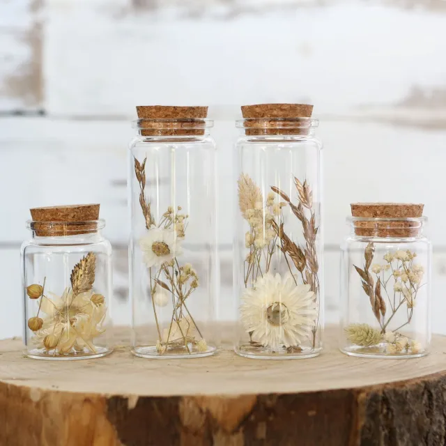 comforder Droogbloemen in Glas - Gedroogde Bloemen Boeket met Vaas - Set van 4 - Inclusief Vaas - In Fles Naturel gekleurde droogbloemen