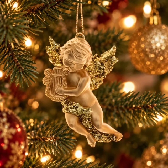 Decoris engel met harp - 6x - goud - kunststof - 10 x 6 cm - kerstversiering - hangdecoratie Goudkleurig