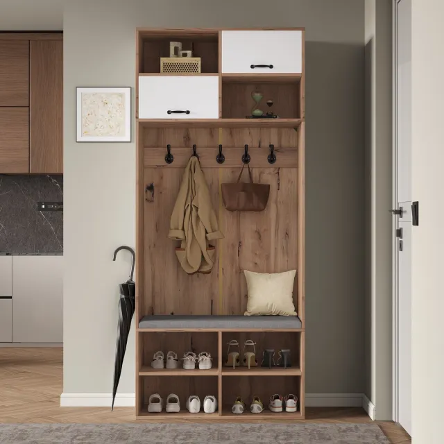 Clruro Kapstokkast - 80 × 185 × 35 cm - Met Zitbank, 5 Haken en 6 Opbergvakken - Hout - Wit
